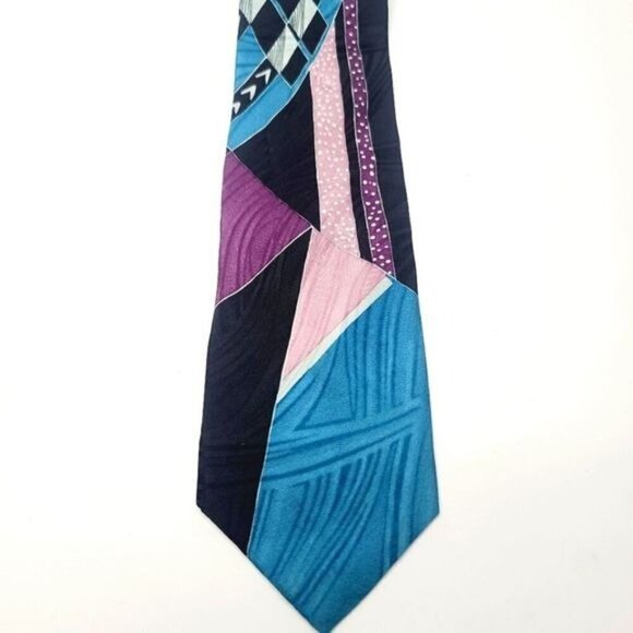 Vintage Pierre Balmain Couture Silk Electric Blue Black Geometric Necktie Funky - Picture 1 of 8